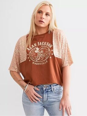 Allan Jackson Nashville Graphic cropped Tee with Sparkle Sleeve Overlay